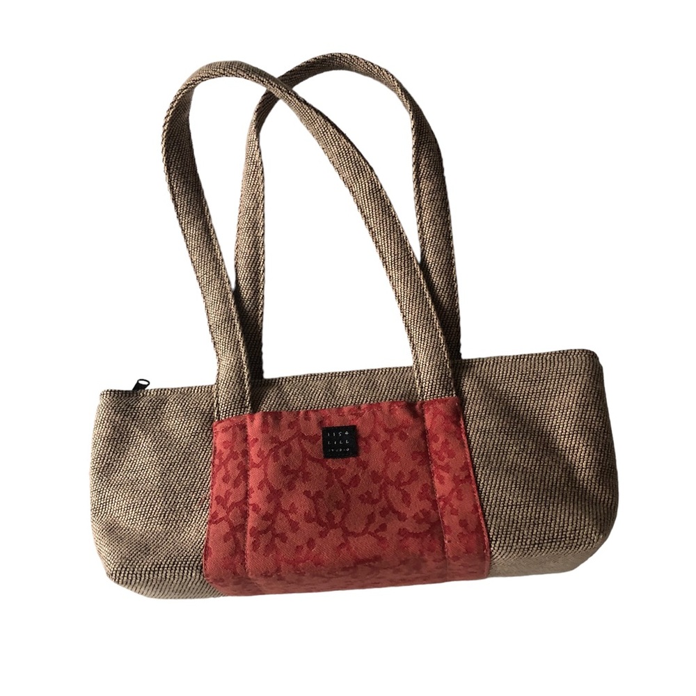 1154 Lill Studio Small Two Handle Beige Tweed With Coral Accent Fabric Purse